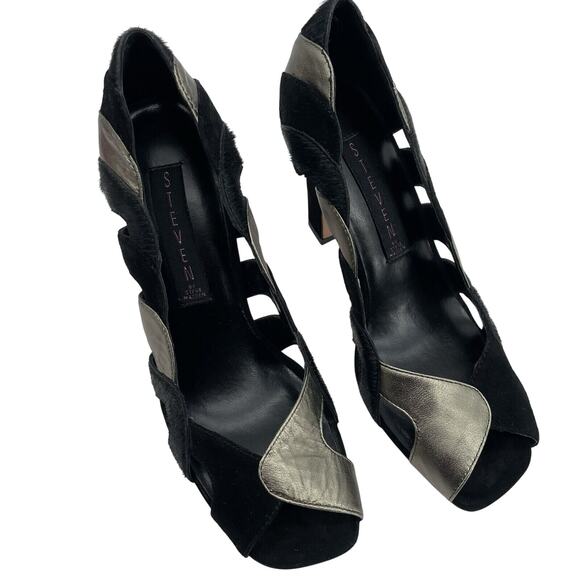 STEVEN Steve Madden Size 6.5 Suede Leather Cutout High Heels Black Silver Fur - Picture 2 of 9